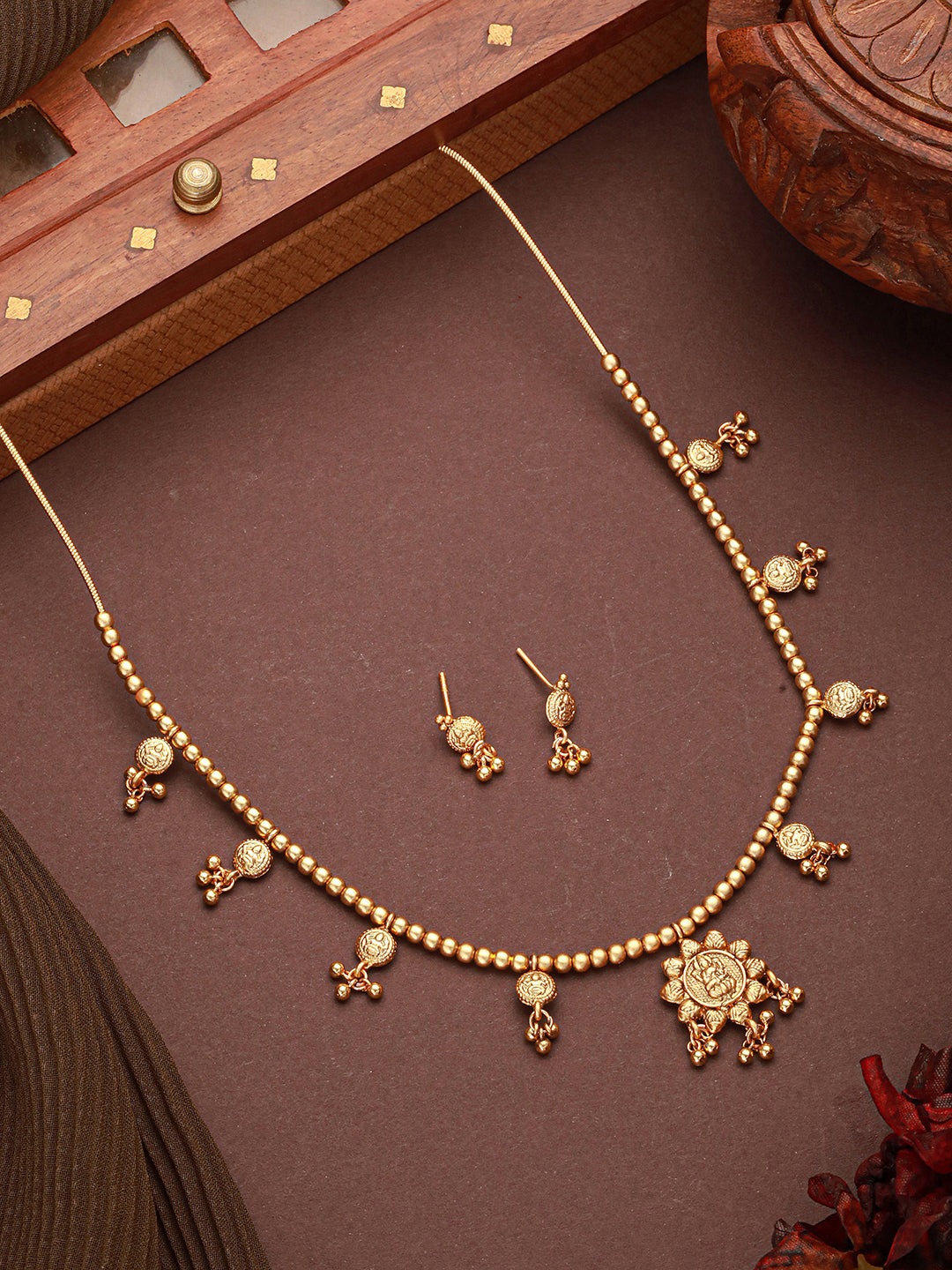 Gold Plated Gold Beads Delicate Temple Goddess Lakshmi Pendant  Minimal Jewellery Set